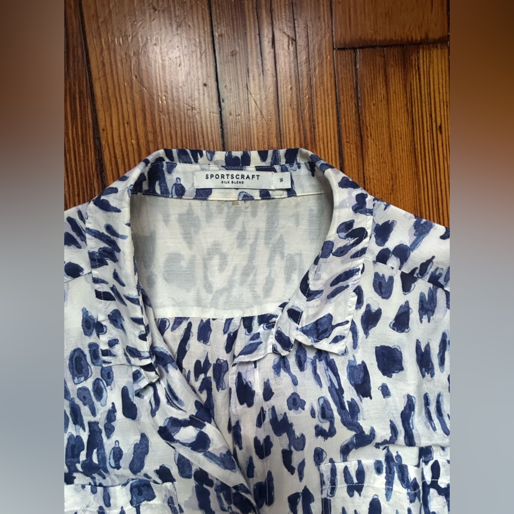 SILK • Blue and White Leopard Print Blouse - Picture 6 of 7